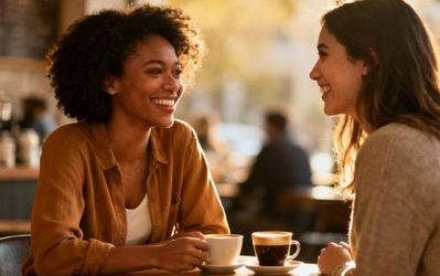 Two women having coffee and connecting in a cozy café setting