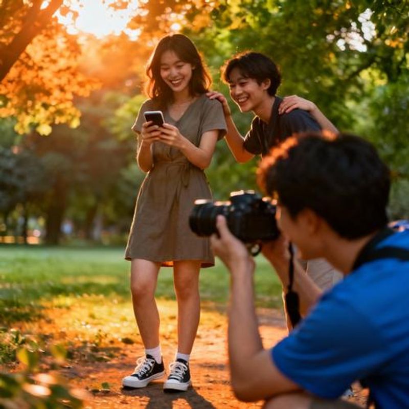 Person taking photos for dating app profile outdoors