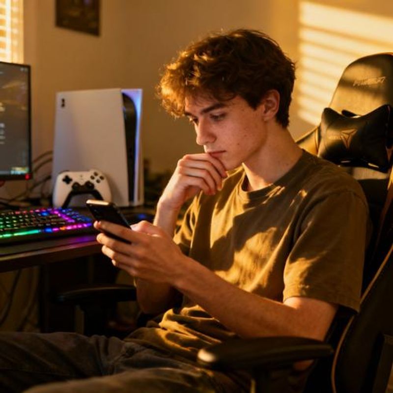 Person typing thoughtfully on smartphone with gaming setup in background