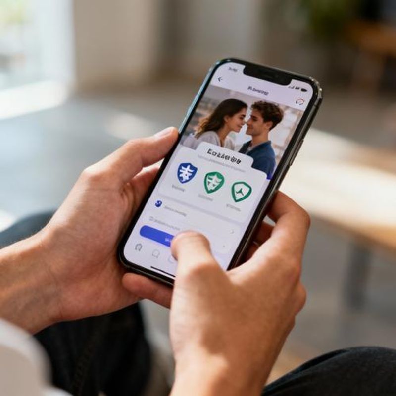 Smartphone displaying dating app interface with safety icons