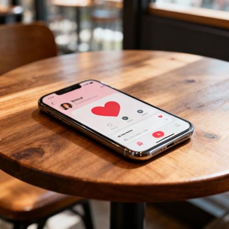 Smartphone displaying a dating app with heart-based matching interface surrounded by coffee shop atmosphere