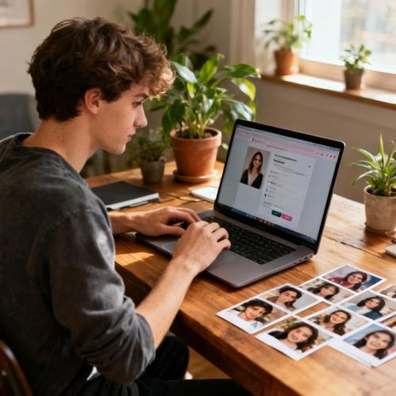 Person editing their Taimi dating profile on laptop with photos and bio visible