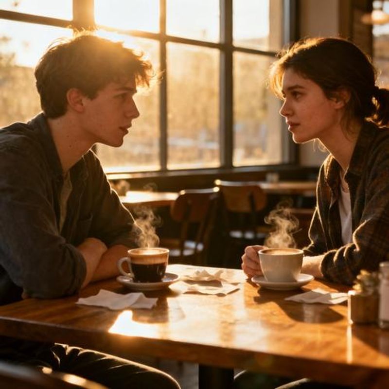 Two people having a meaningful conversation over coffee, representing honest communication in dating