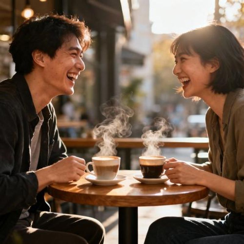Two people having coffee and laughing together on their first date