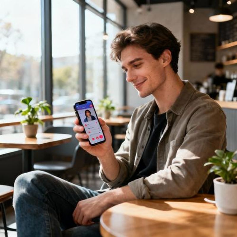 Confident person looking at smartphone with dating app interface in modern coffee shop