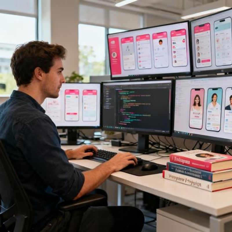 Developer working on dating app algorithms with relationship psychology books nearby