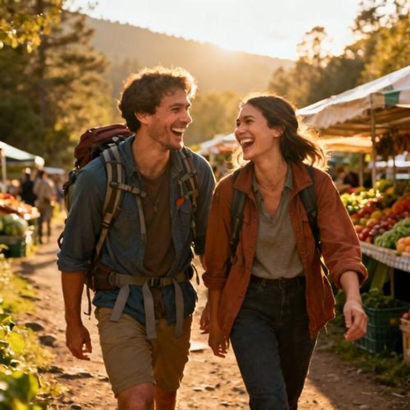 Couple laughing together during outdoor activity like hiking or farmers market