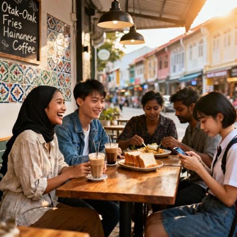 Diverse group of singles socializing at a Singapore cafe