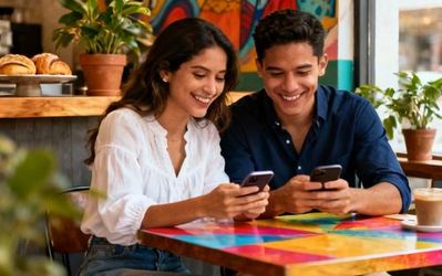 Young Latino couple laughing together while looking at their phones in a vibrant coffee shop