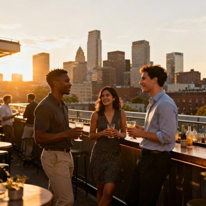 Diverse group of young adults having drinks at a rooftop bar with Boston skyline view