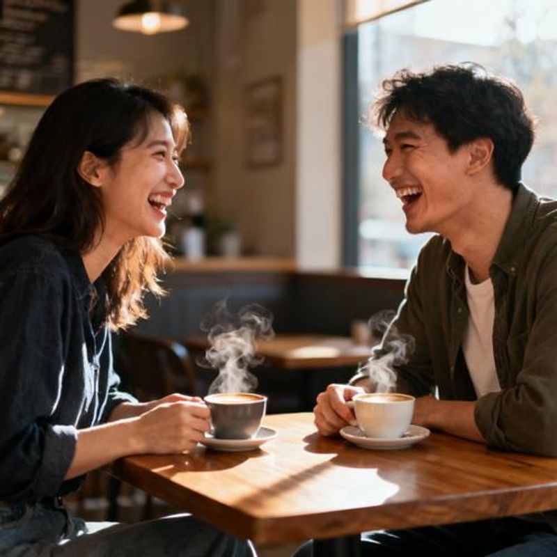 Two friends having coffee and laughing together after meeting through friendship app