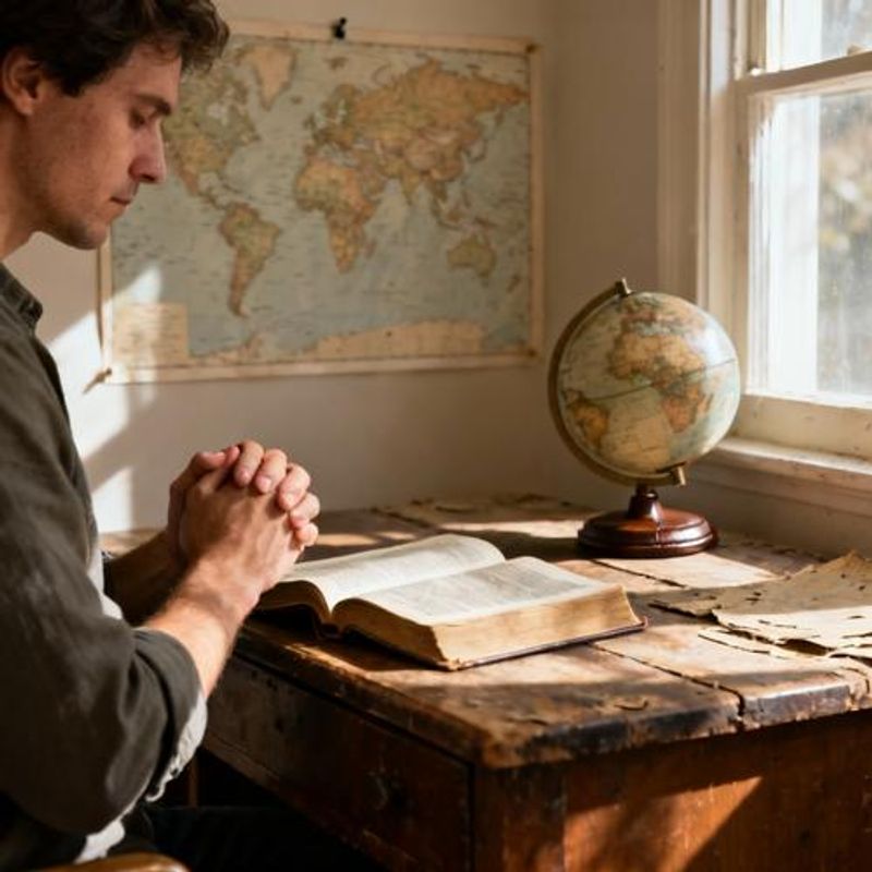 Person praying with a world map in the background