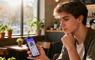 Person mindfully reviewing dating app profiles on smartphone in peaceful coffee shop setting