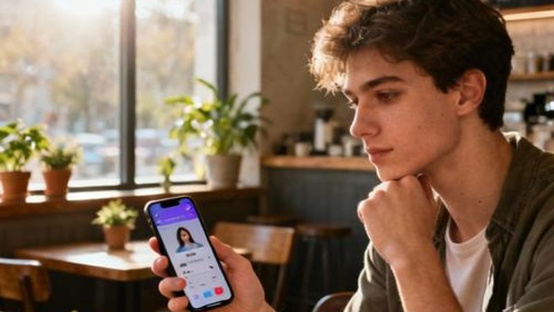 Person mindfully reviewing dating app profiles on smartphone in peaceful coffee shop setting