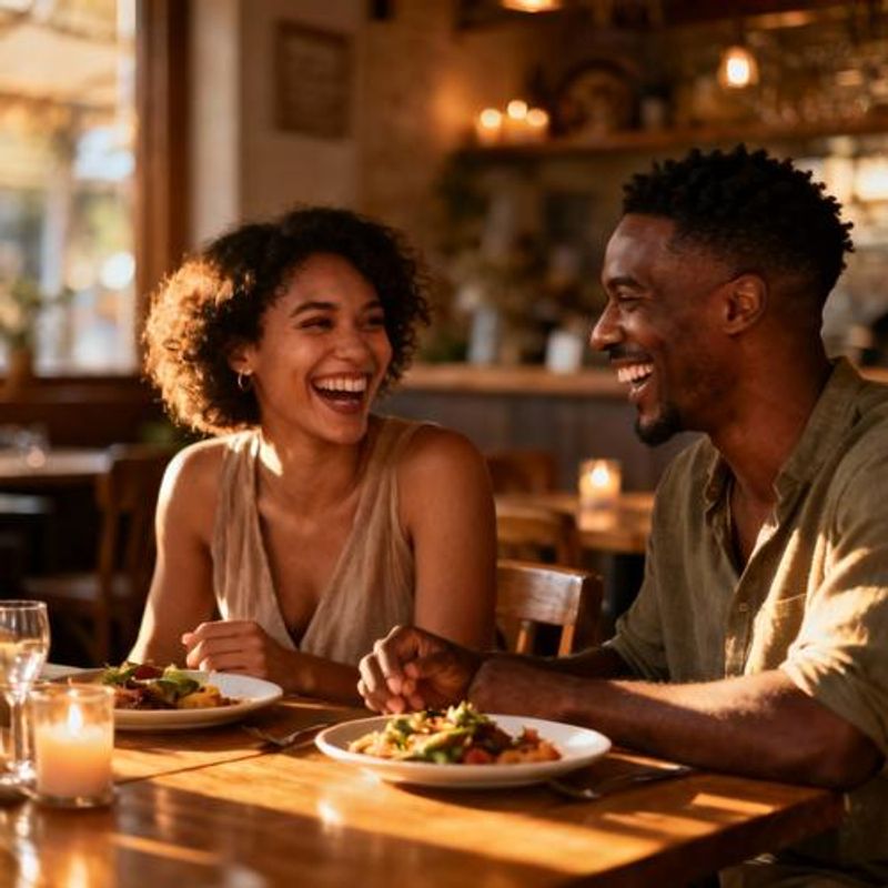 Interracial couple enjoying dinner together at restaurant, laughing and connecting