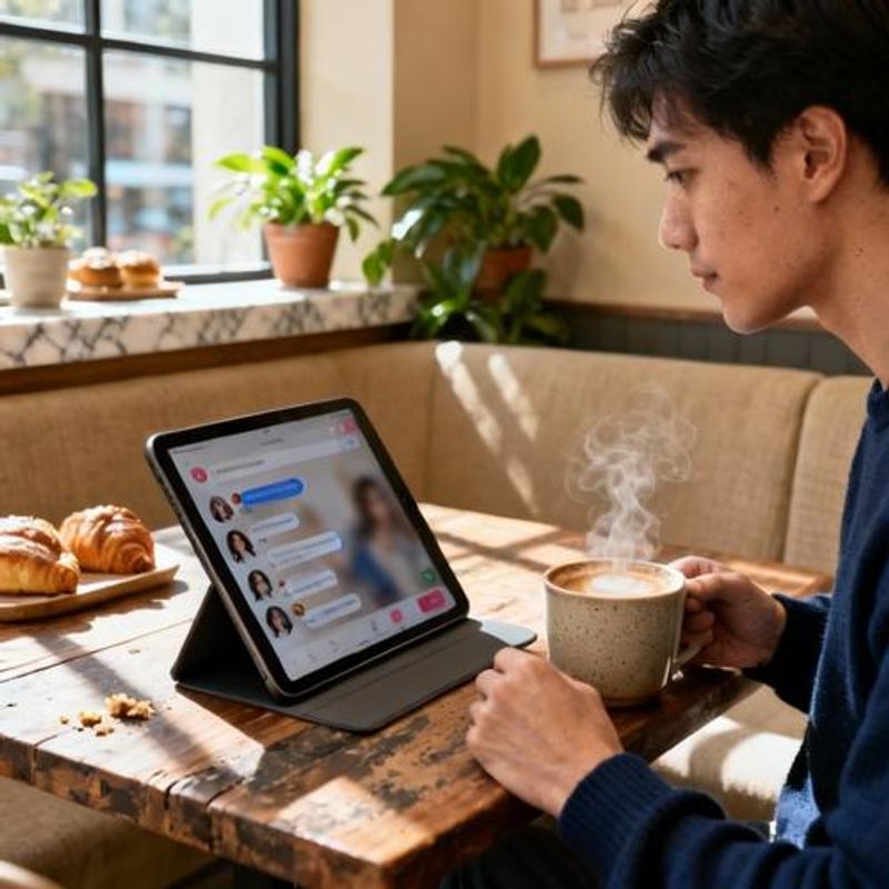 Person reviewing dating matches on tablet in Singapore coffee shop
