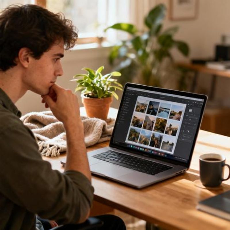 Person carefully selecting photos for dating profile on laptop
