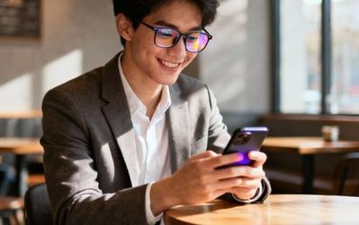 Young professional using smartphone for online dating in modern coffee shop setting