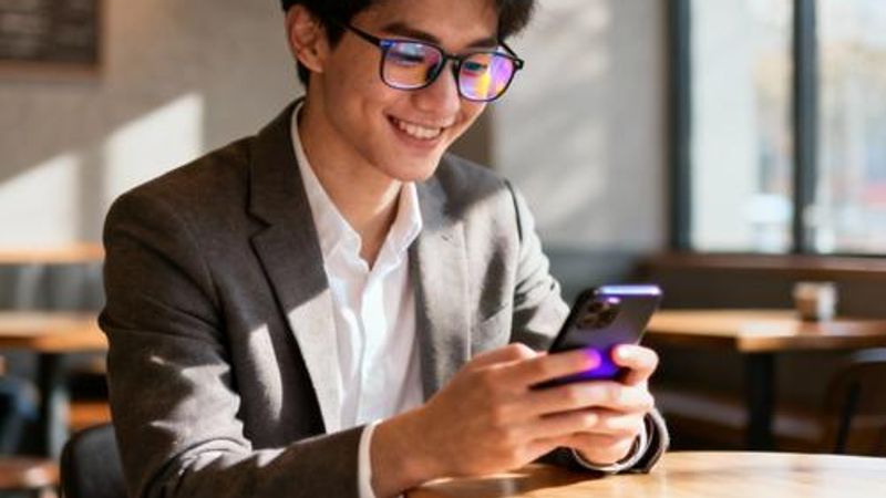 Young professional using smartphone for online dating in modern coffee shop setting
