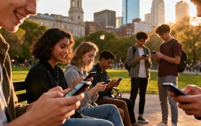 Young professionals using dating apps while sitting in Boston Common with the city skyline in background