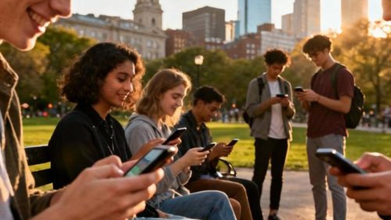 Young professionals using dating apps while sitting in Boston Common with the city skyline in background