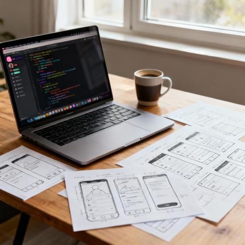 Dating app development workspace with code, wireframes, and user interface designs