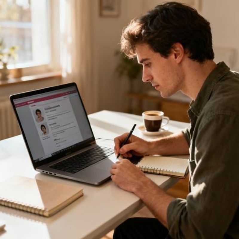 Person thoughtfully crafting dating profile on laptop