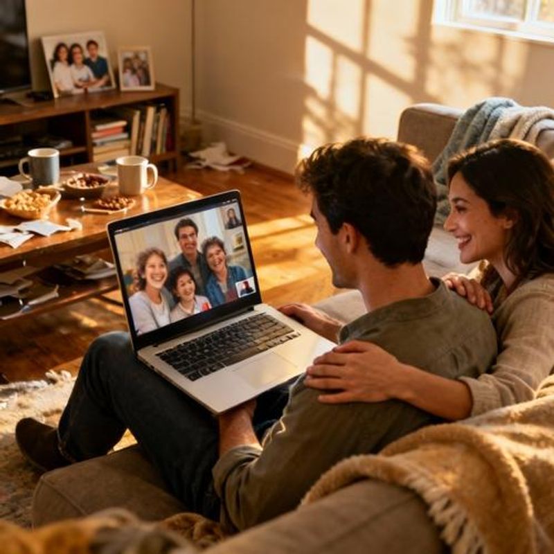Happy multicultural couple video calling with family members from different countries