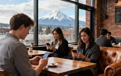 Young professionals using dating apps in Portland coffee shop with Mount Hood view