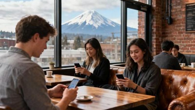 Young professionals using dating apps in Portland coffee shop with Mount Hood view