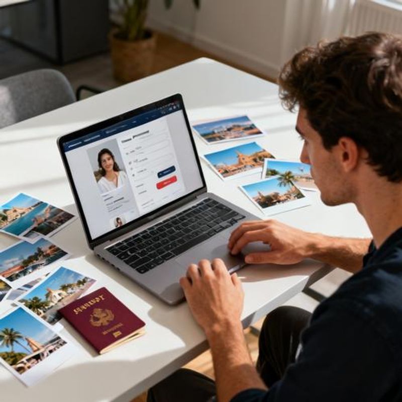 Person creating international dating profile on laptop