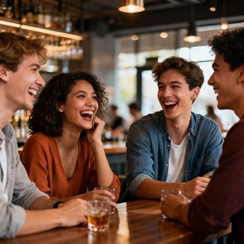 Group of friends laughing and having drinks at a trendy bar