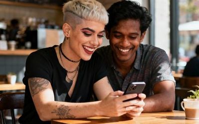Diverse couple having coffee and smiling while looking at a smartphone together