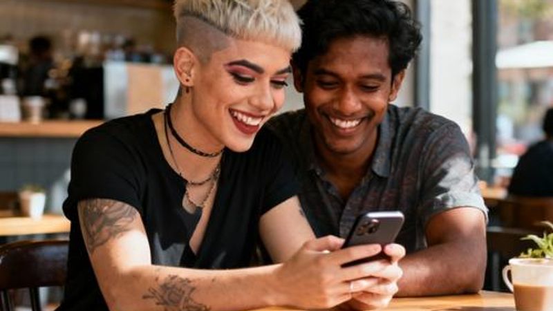 Diverse couple having coffee and smiling while looking at a smartphone together