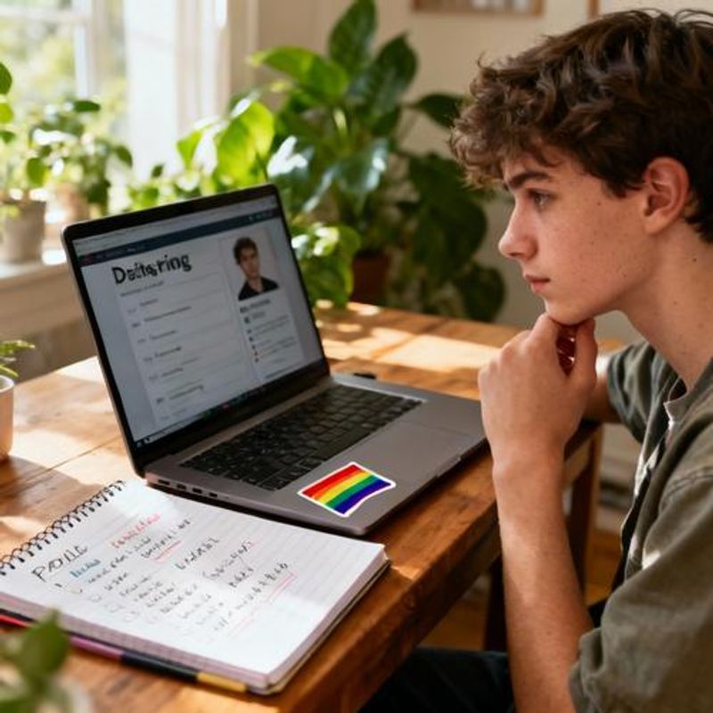 Person thoughtfully creating dating profile on laptop in bright natural setting