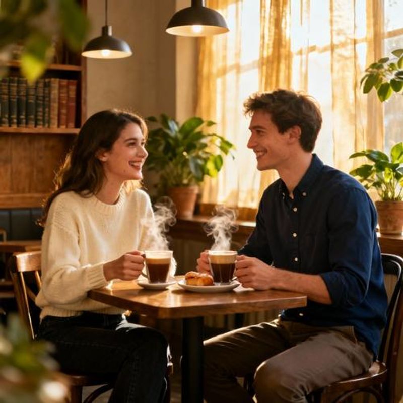 Couple having their first coffee date looking happy and engaged