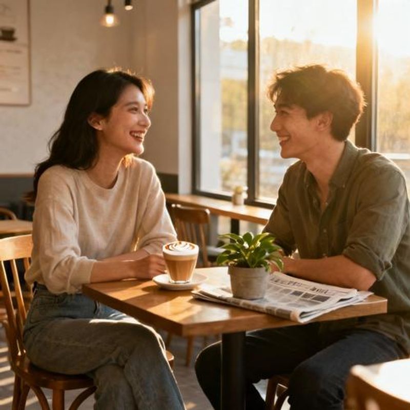 Two people having coffee on a casual first date