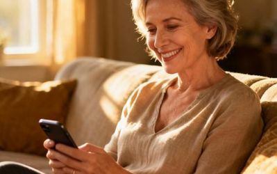 Happy mature woman using dating app on smartphone in comfortable home setting