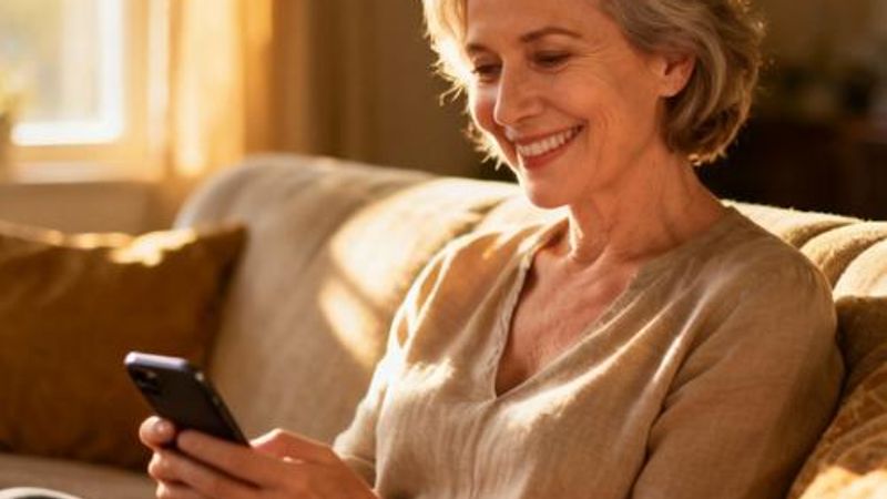 Happy mature woman using dating app on smartphone in comfortable home setting