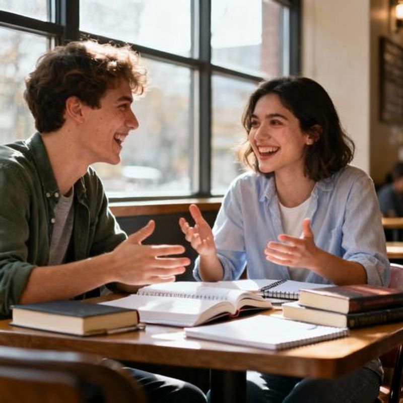 Two people having engaging conversation over coffee with books and notebooks on table