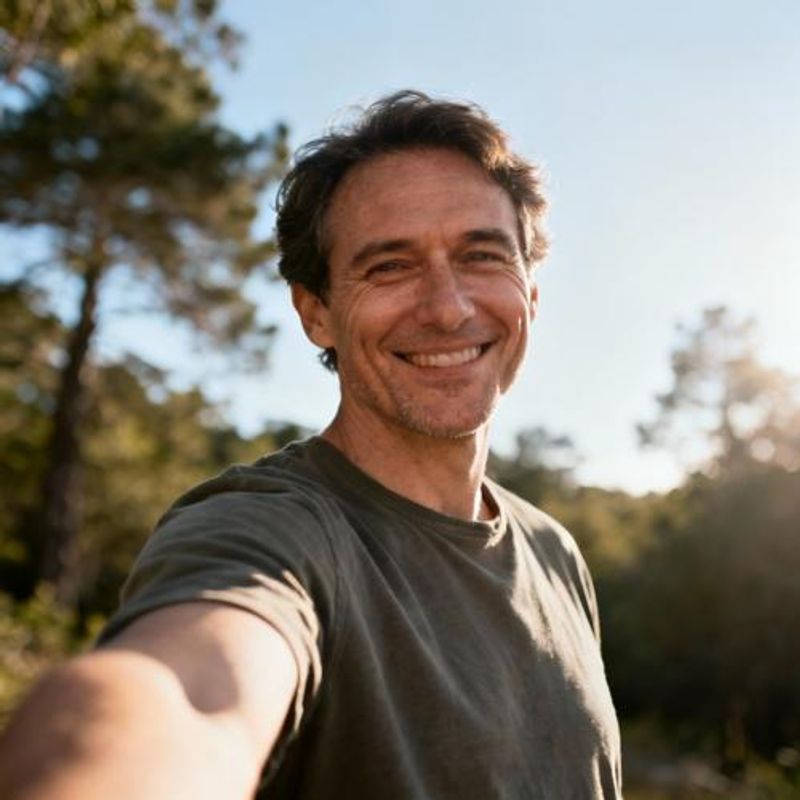 Person taking a genuine, confident selfie for their dating profile in natural outdoor lighting