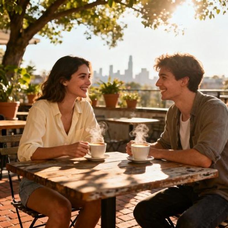 Two people having coffee and laughing together at outdoor cafe