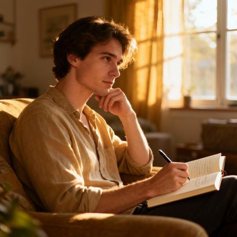 Person writing in journal while reflecting in peaceful home environment