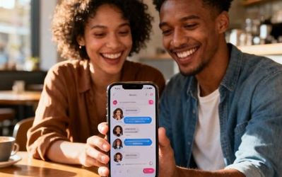 Young multicultural couple smiling while looking at dating app on smartphone together