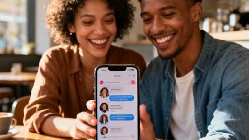 Young multicultural couple smiling while looking at dating app on smartphone together