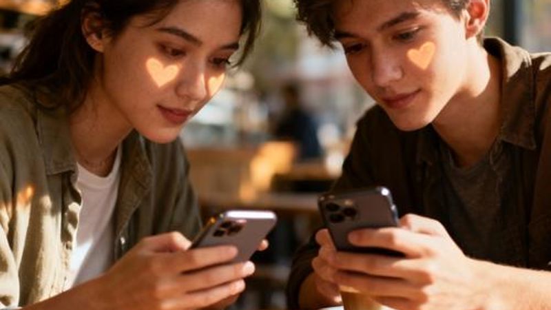 Two people looking at their smartphones with heart icons floating above, representing modern dating app connections