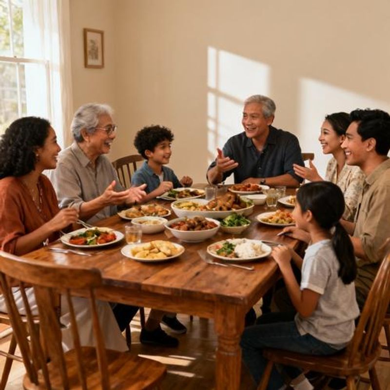 Diverse group of people having a respectful conversation around a dinner table with various cultural dishes