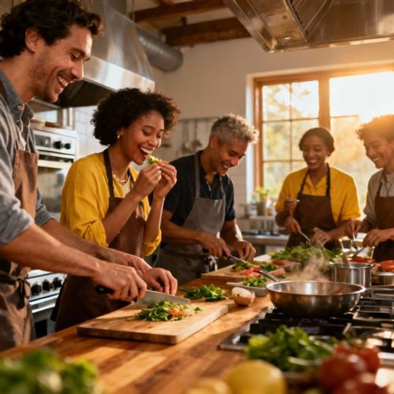 Group of people participating in a cooking class, laughing and learning together