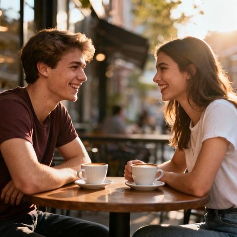 Two people meeting for coffee date from dating app connection