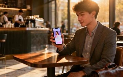 Young professional using The Right Stuff dating app on smartphone in modern coffee shop